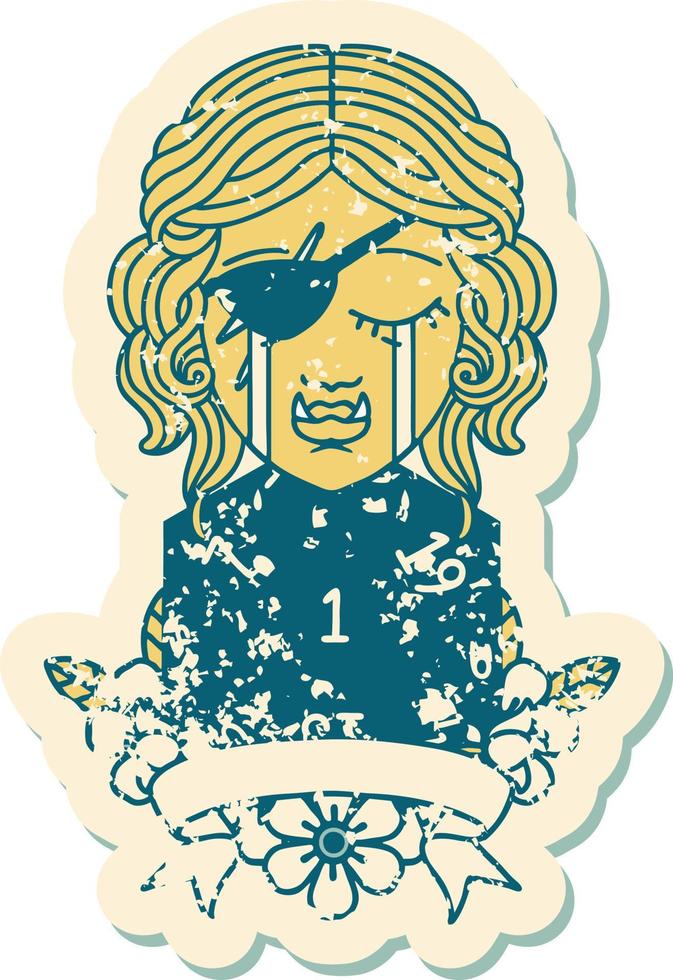 Retro Tattoo Style crying orc rogue character with natural one roll vector