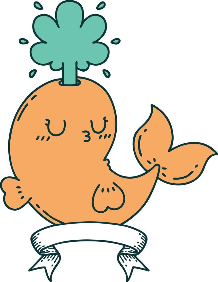 scroll banner with tattoo style happy squirting whale character vector