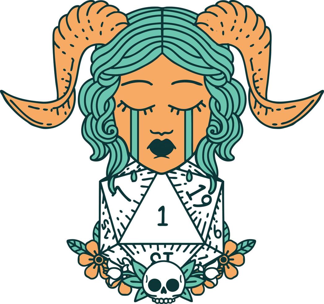 Retro Tattoo Style crying tiefling with natural one D20 dice roll vector