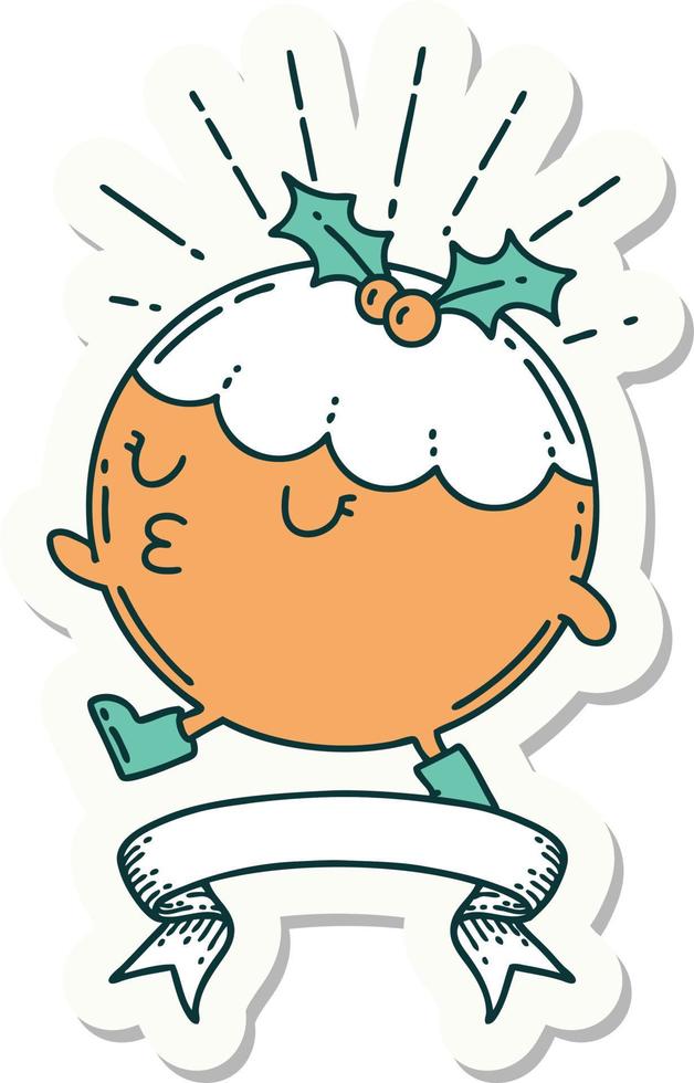sticker of a tattoo style christmas pudding character walking vector