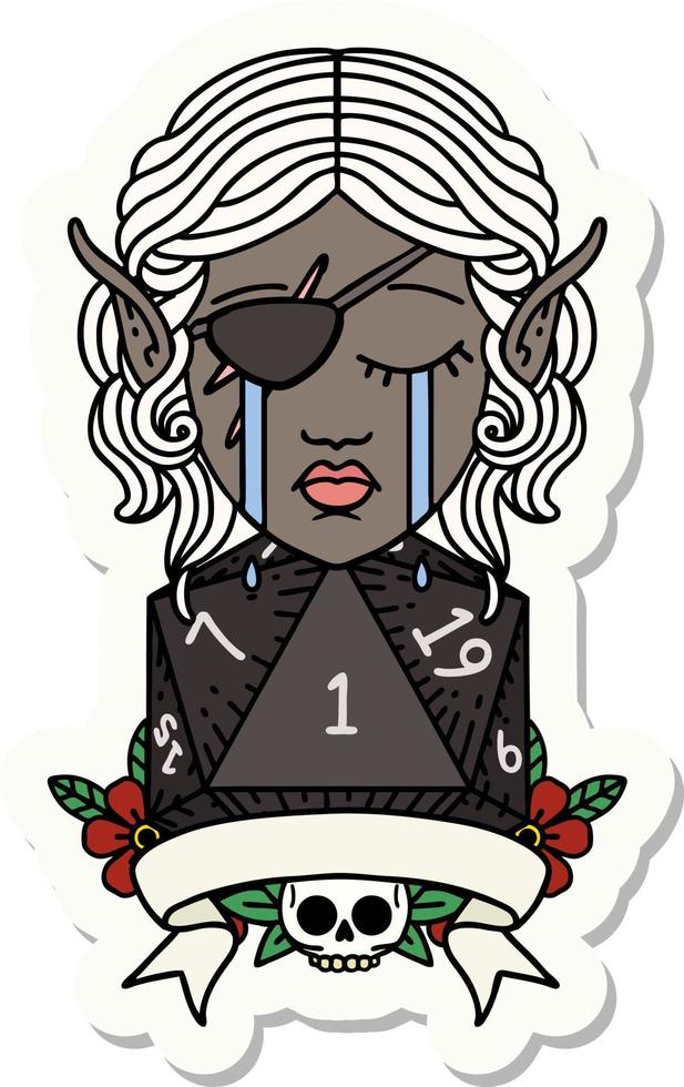 sticker of a crying elf rogue character with natural one D20 roll vector