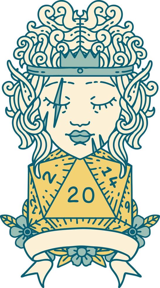 Retro Tattoo Style elf barbarian character with natural twenty dice roll vector