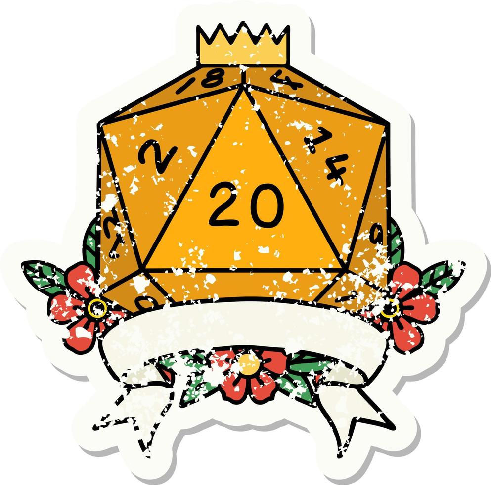grunge sticker of a natural 20 critical hit D20 dice roll vector