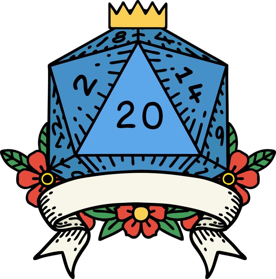 Retro Tattoo Style natural 20 critical hit D20 dice roll vector