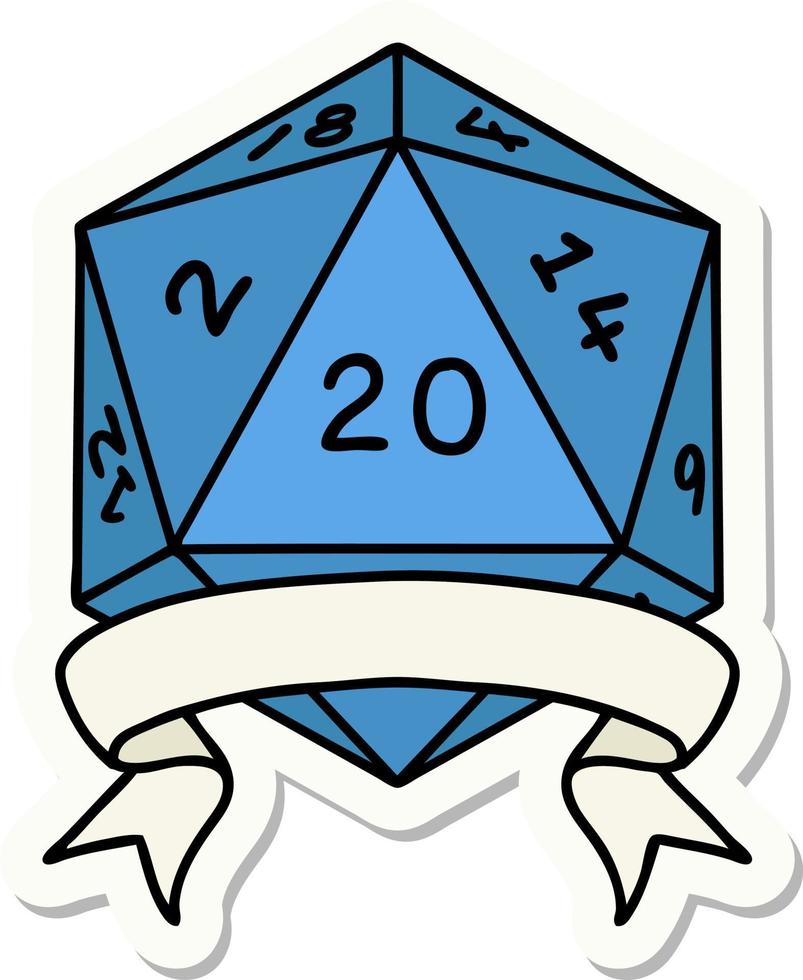 sticker of a natural 20 critical hit D20 dice roll vector
