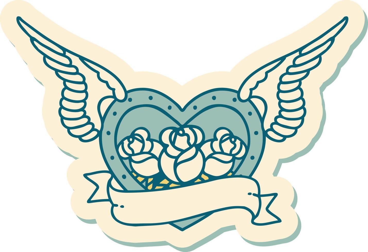 sticker of tattoo in traditional style of a flying heart with flowers and banner vector