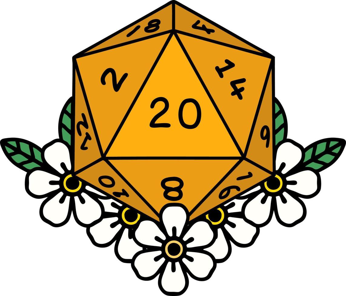 Retro Tattoo Style natural 20 D20 dice roll with floral elements vector