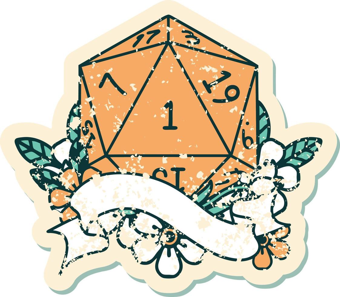 Retro Tattoo Style natural one d20 dice roll vector