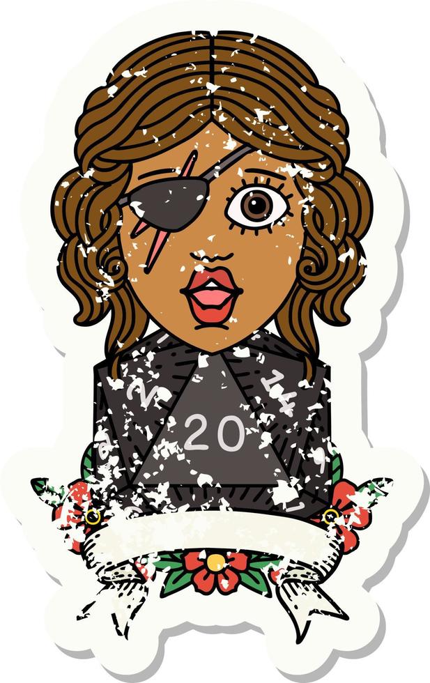 Retro Tattoo Style human rogue with natural 20 dice roll vector