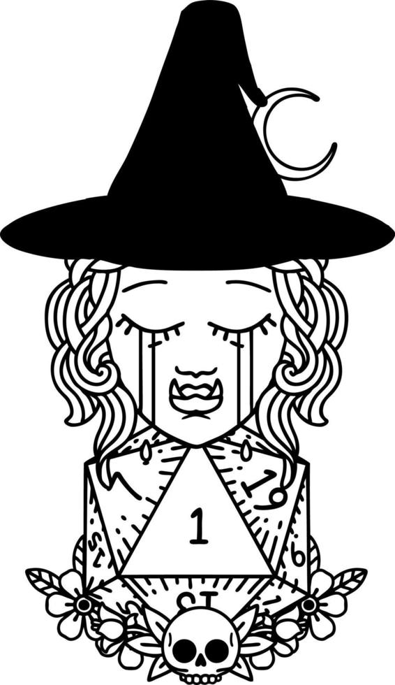 Black and White Tattoo linework Style sad half orc witch character with natural one D20 roll vector
