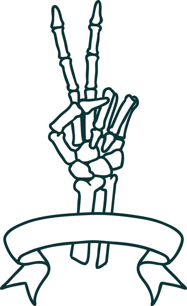 traditional tattoo with banner of a skeleton giving a peace sign vector