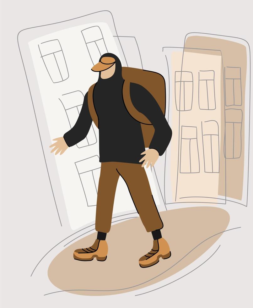 Delivery man. Man with huge backpack walking down the street. vector