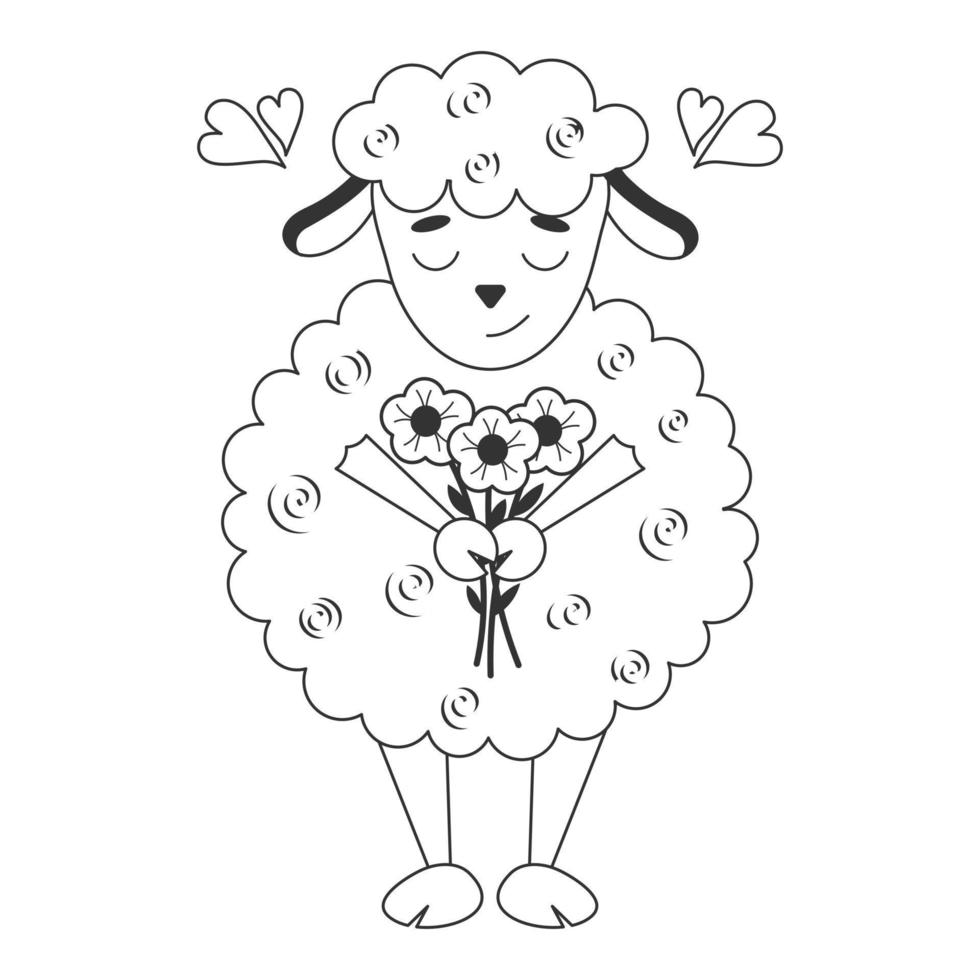 Cute lamb baby with flowers. Monochrome children illustration. Vector illustration. Childrens coloring book. Isolated on white.