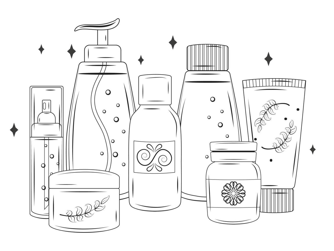 Cosmetics, cream, gel and liquids. Monochrome children illustration. Vector illustration. Childrens coloring book. Isolated on white.