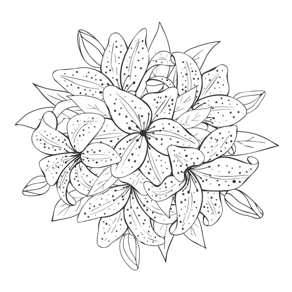 Bouquet of lilies. Vector illustration. Childrens coloring book. Monochrome, black and white flowers.