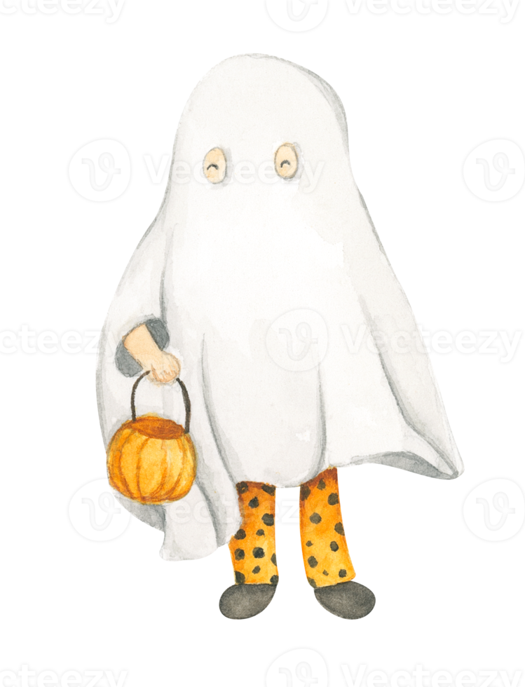 Watercolor cute ghost. Kid  in sheet costume. Halloween costumes. Autumn holiday. Trick or treat. png