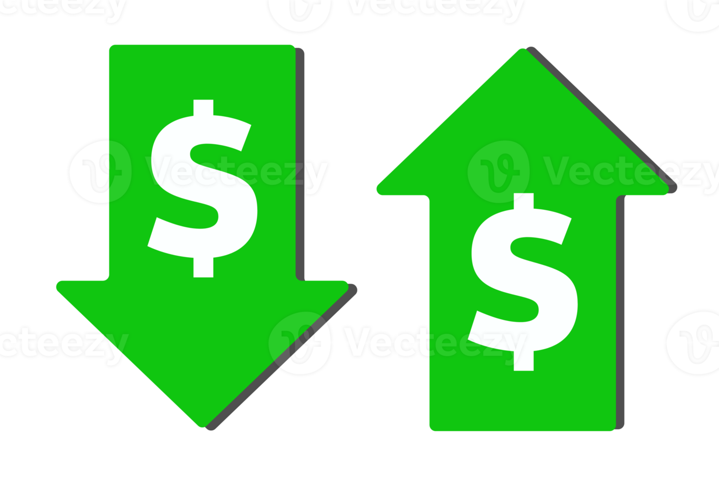 icône haut et bas du taux du dollar or isolé sur fond vert, diminution de la crise des affaires perdues, style d'ombre longue, réduction des coûts, fond transparent, symbole de l'argent or avec flèche vers le bas. png