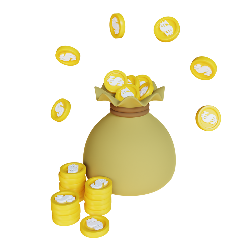 3d render money bag with dollar coin png