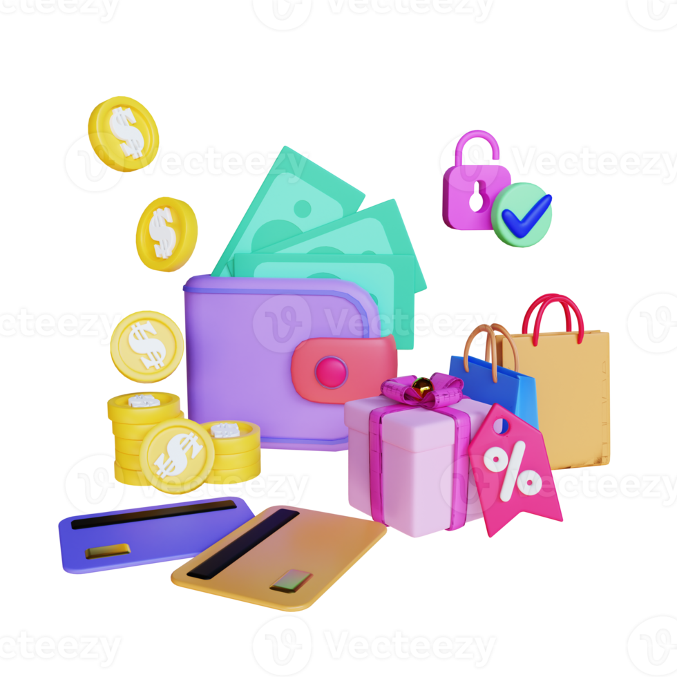 3d render wallet doing payment png