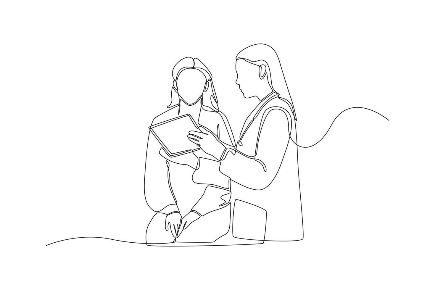 Continuous one line drawing female doctor explanation to patient about drug prescription sign. Boss move concept. Single line draw design vector graphic illustration.