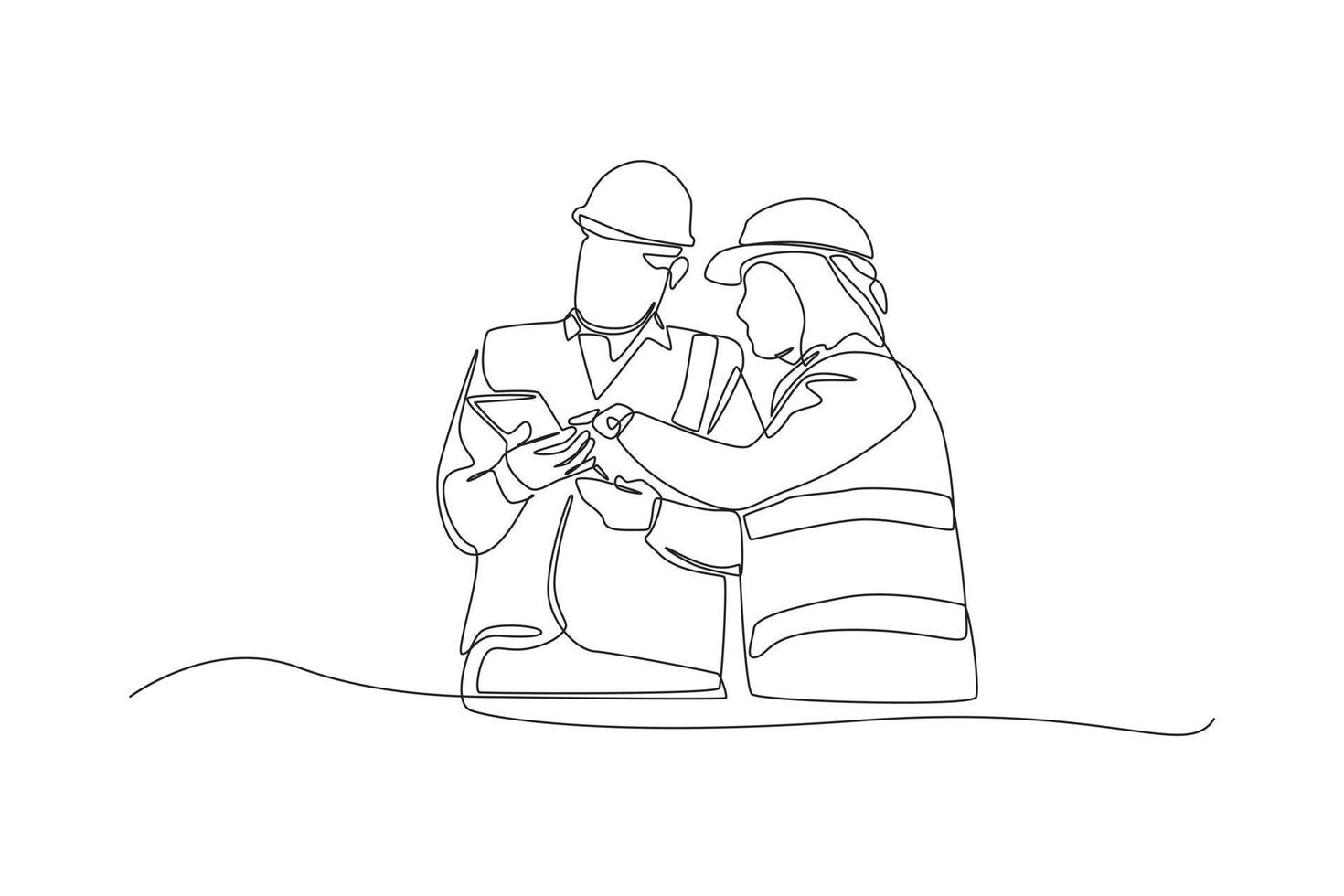 Continuous one line drawing female boss wearing safety suit with her staff give direction on the construction site. Boss move concept. Single line draw design vector graphic illustration.