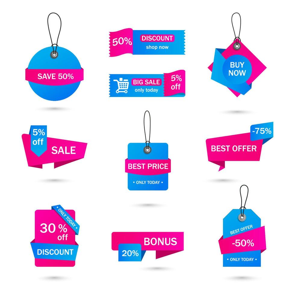 pegatinas vectoriales, etiqueta de precio, banner, etiqueta. Plantilla vectorial de venta, ofertas y promociones de cupones. etiqueta de precio de tienda, venta minorista, comercio, negocios. conjunto de burbujas de discurso vector