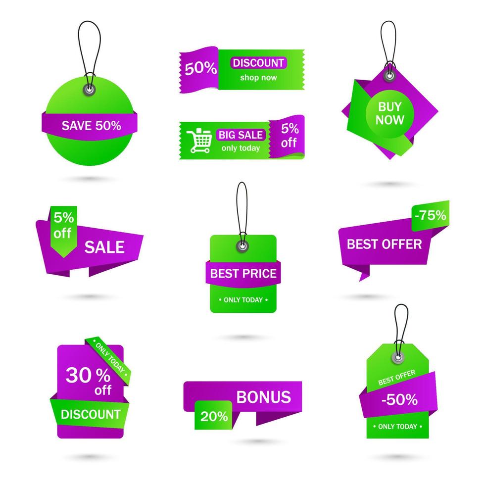 pegatinas vectoriales, etiqueta de precio, banner, etiqueta. Plantilla vectorial de venta, ofertas y promociones de cupones. etiqueta de precio de tienda, venta minorista, comercio, negocios. conjunto de burbujas de discurso vector