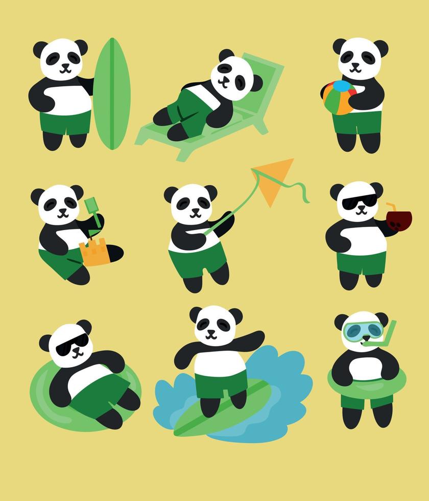 Set of summer pandas on beach. Vector illustration isolated on color background. Design menu poster brochure posters
