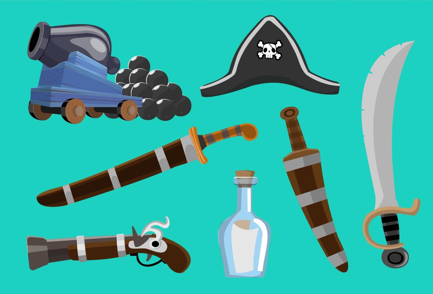 Pirate cartoon vector game weapon object set. Sea adventure element collection