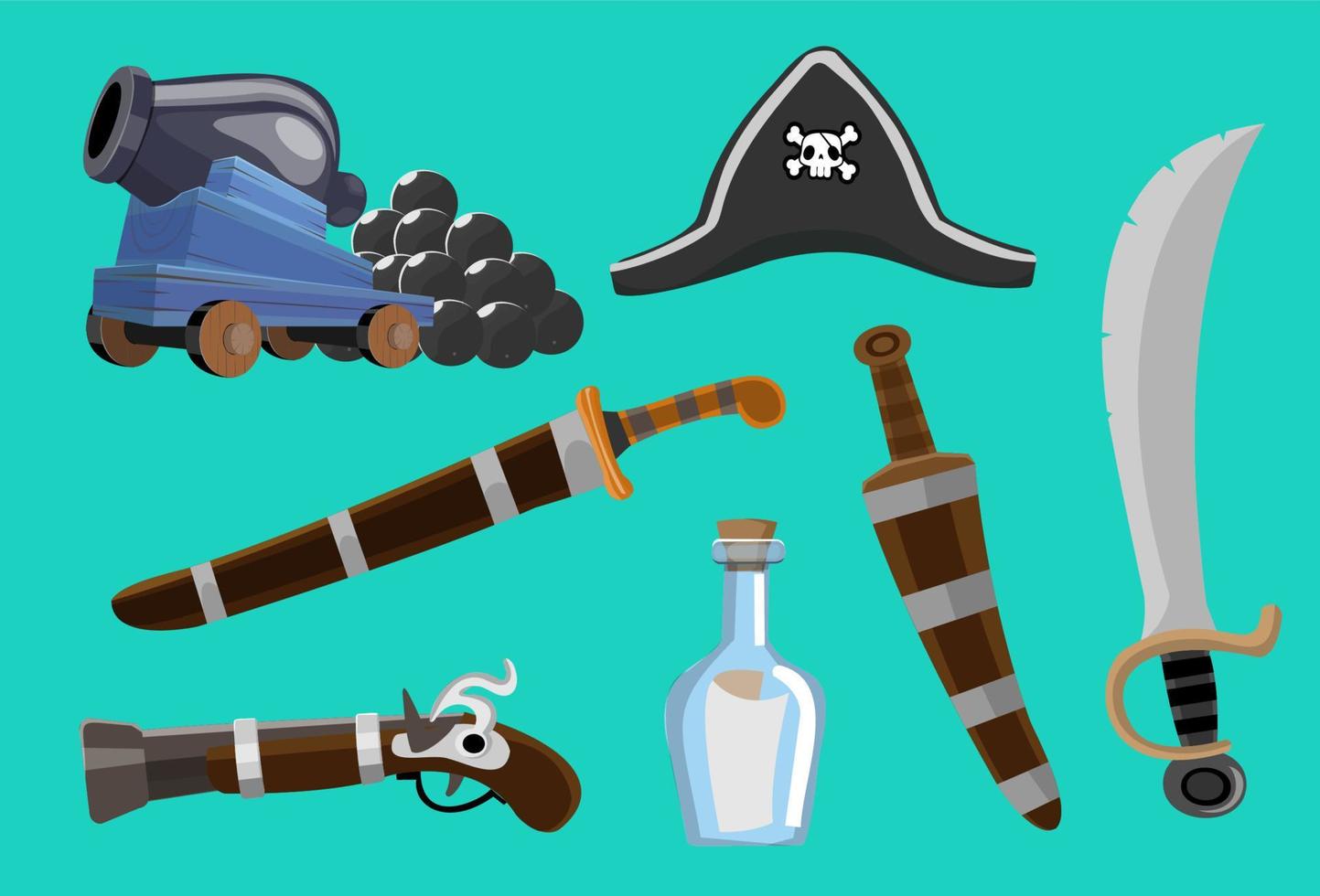 conjunto de objetos de arma de juego vectorial de dibujos animados piratas. colección de elementos de aventura marina vector