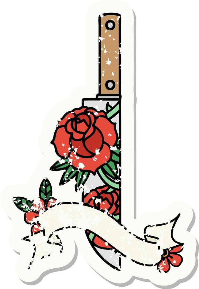 worn old sticker with banner of a dagger and flowers vector