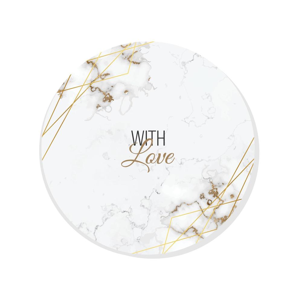 White marble sticker with gold sequins with words with love. For gifts, invitations, on wedding cards. Vector