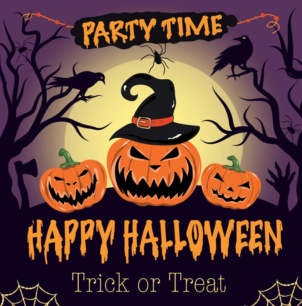 Vector illustration of happy halloween holiday trick or treat party graveyard funny scary pumpkins invite everyone to party