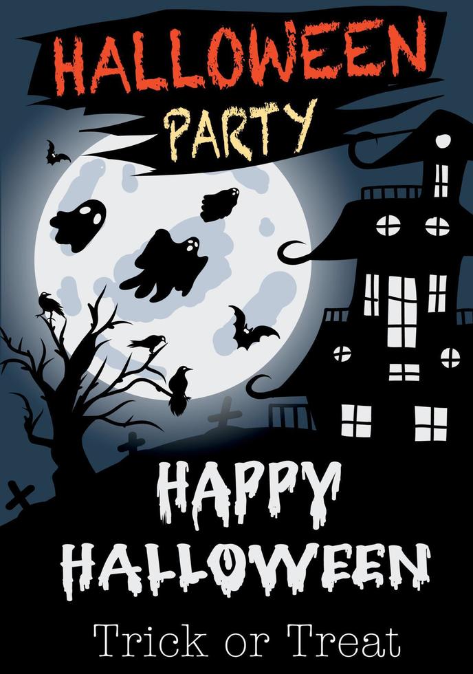 Vector illustration of happy halloween holiday party ghosts ghosts flying to castle witch dead headstone full moon