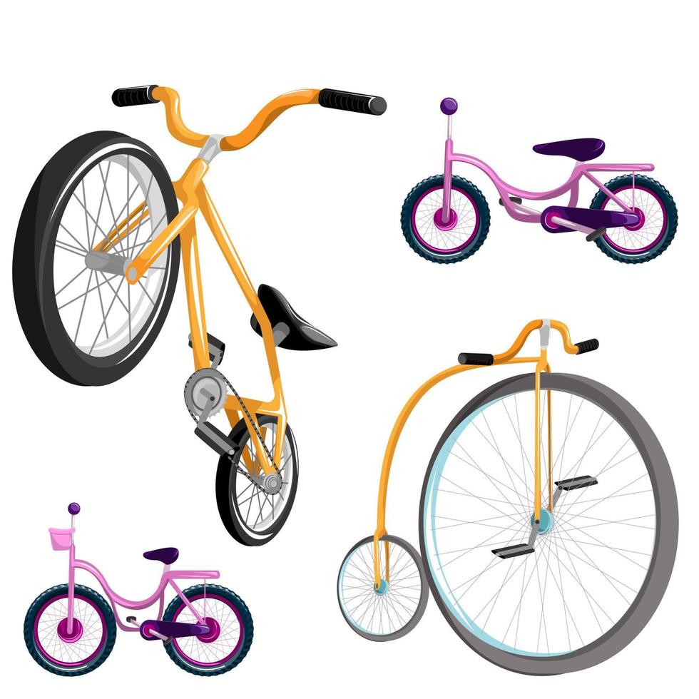 Vector image of a set of four different bicycles. Concept. Isolated on white background. EPS 10
