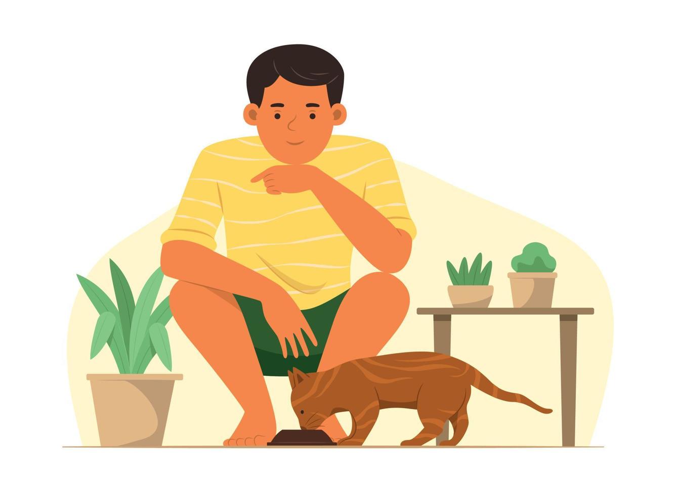 Young Man Feeding Cat in Living Room vector