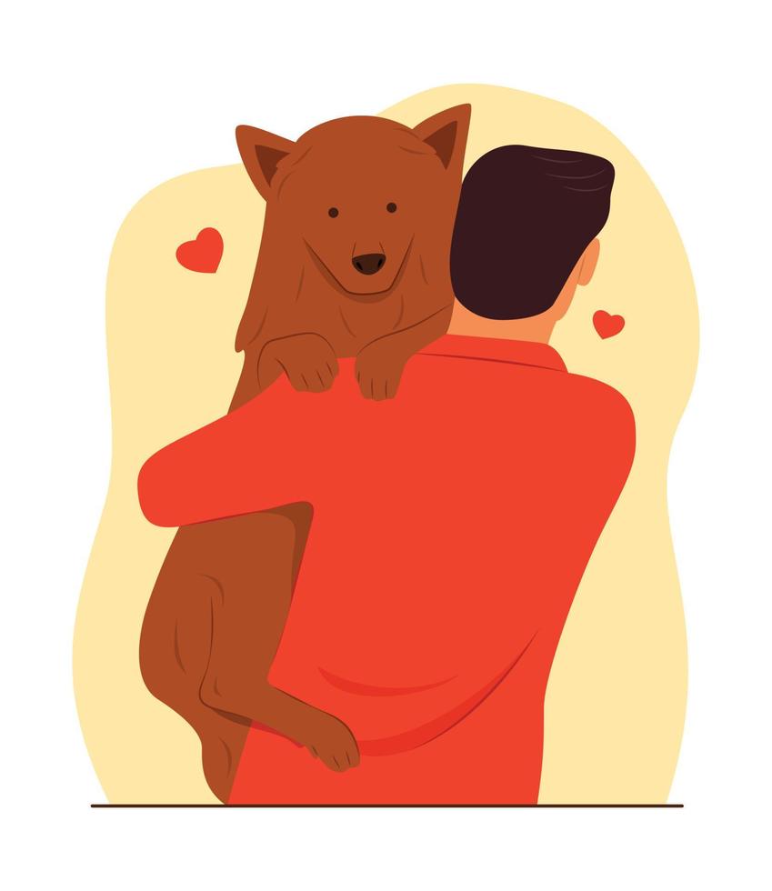 hombre abrazando a un perro con amor vector