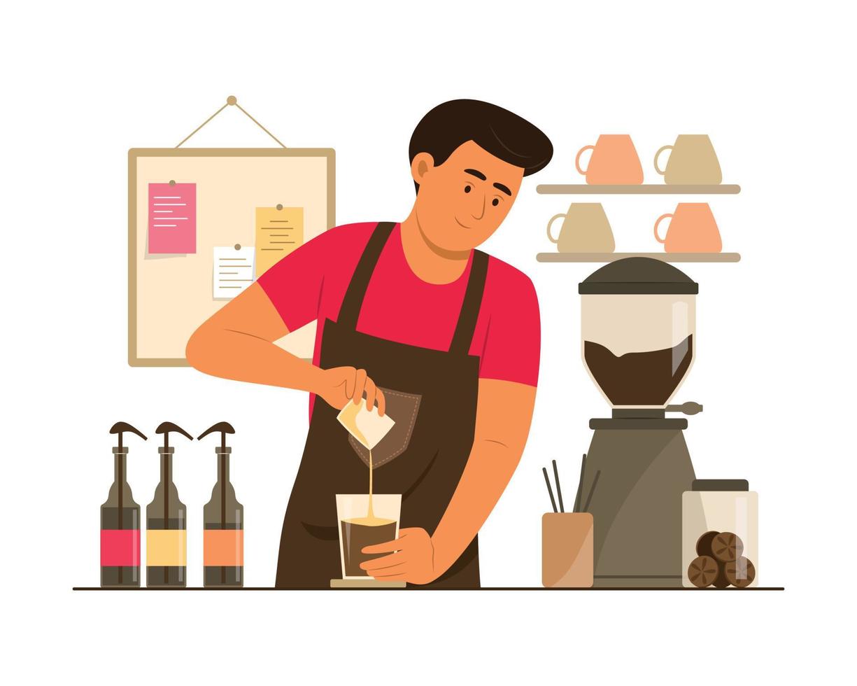 barista hombre haciendo café en la cafetería vector