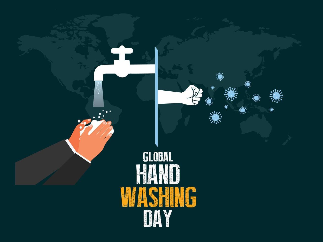 Global Handwashing Day. 15 October. coronavirus icon. handwashing with water from faucet and world map background. Vector Illustration.