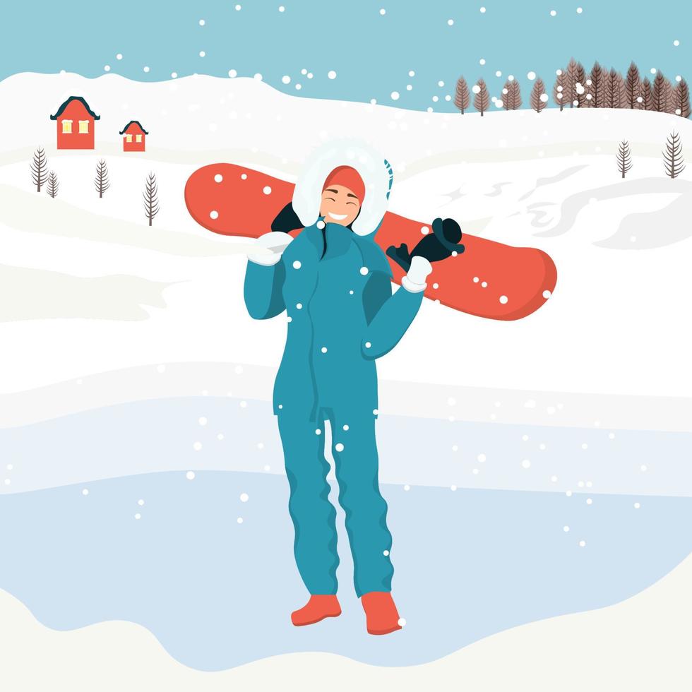 una mujer yace en la nieve con ropa de invierno. nevando montañas en el fondo. actividades de invierno. ilustración vectorial en estilo plano. vector
