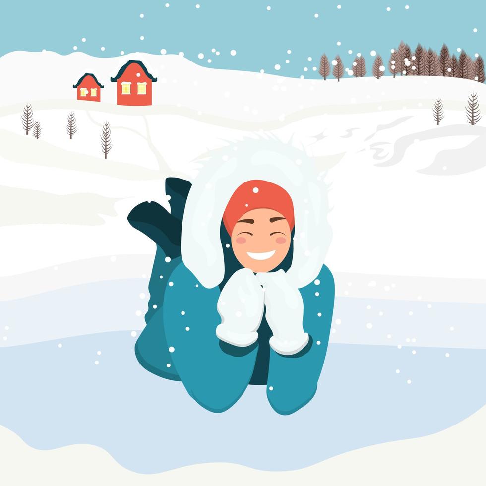una mujer yace en la nieve con ropa de invierno. nevando montañas en el fondo. actividades de invierno. ilustración vectorial en estilo plano. vector