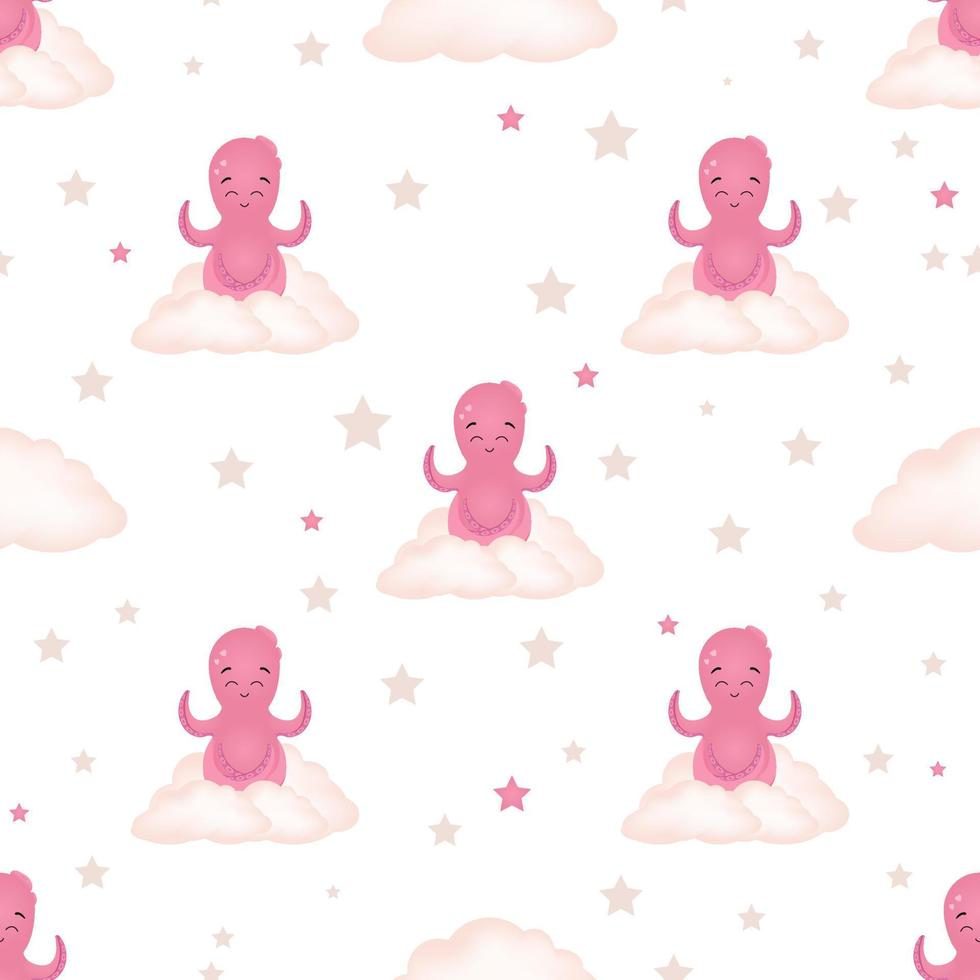 Vector illustration of a pink octopus. Seamless pattern for babies. Sea squid illustration for children's room. Cute cartoon octopus pattern. Summer marina background.