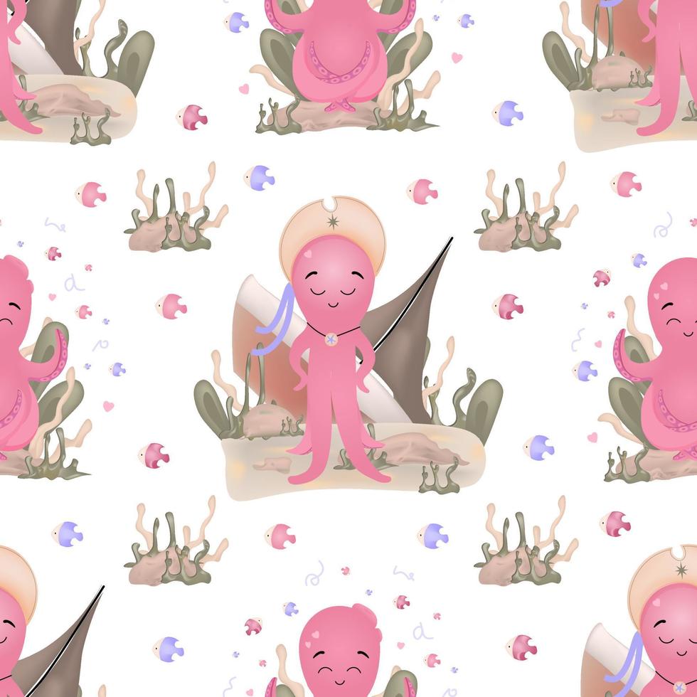 Vector illustration of a pink octopus. Seamless pattern for babies. Sea squid illustration for children's room. Cute cartoon octopus pattern. Summer marina background.