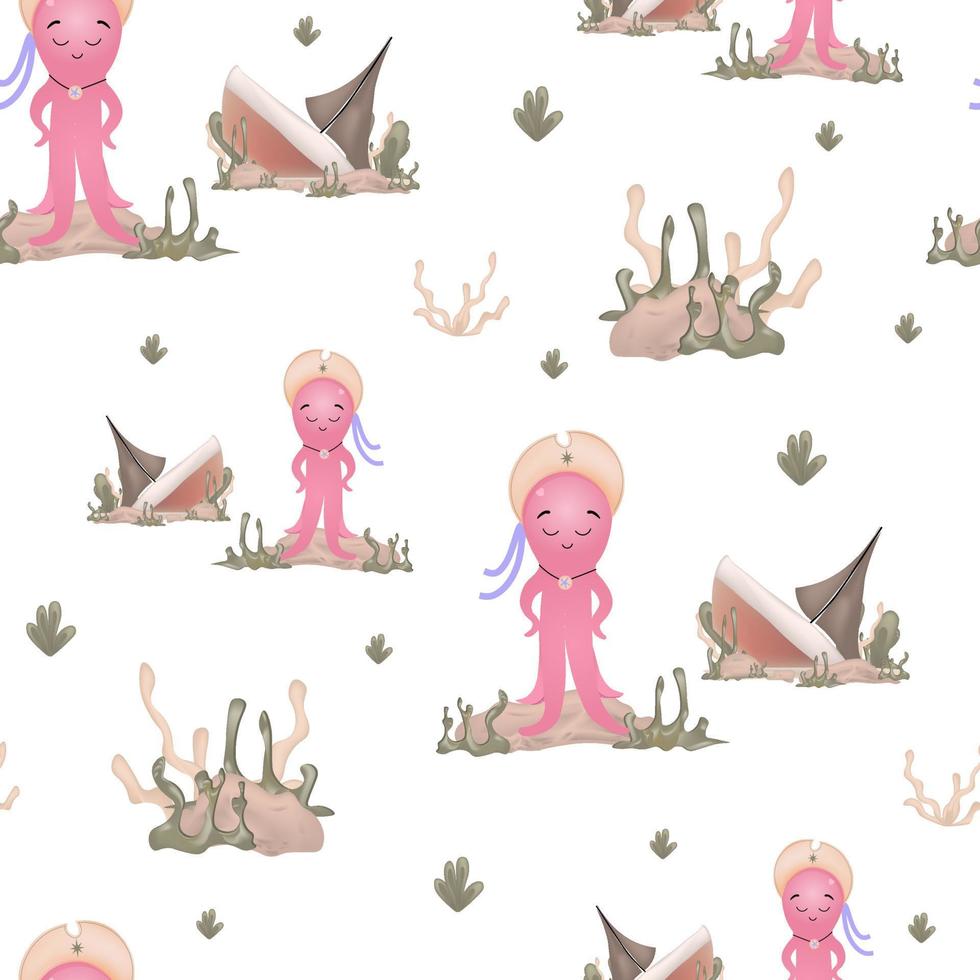 Vector illustration of a pink octopus. Seamless pattern for babies. Sea squid illustration for children's room. Cute cartoon octopus pattern. Summer marina background.