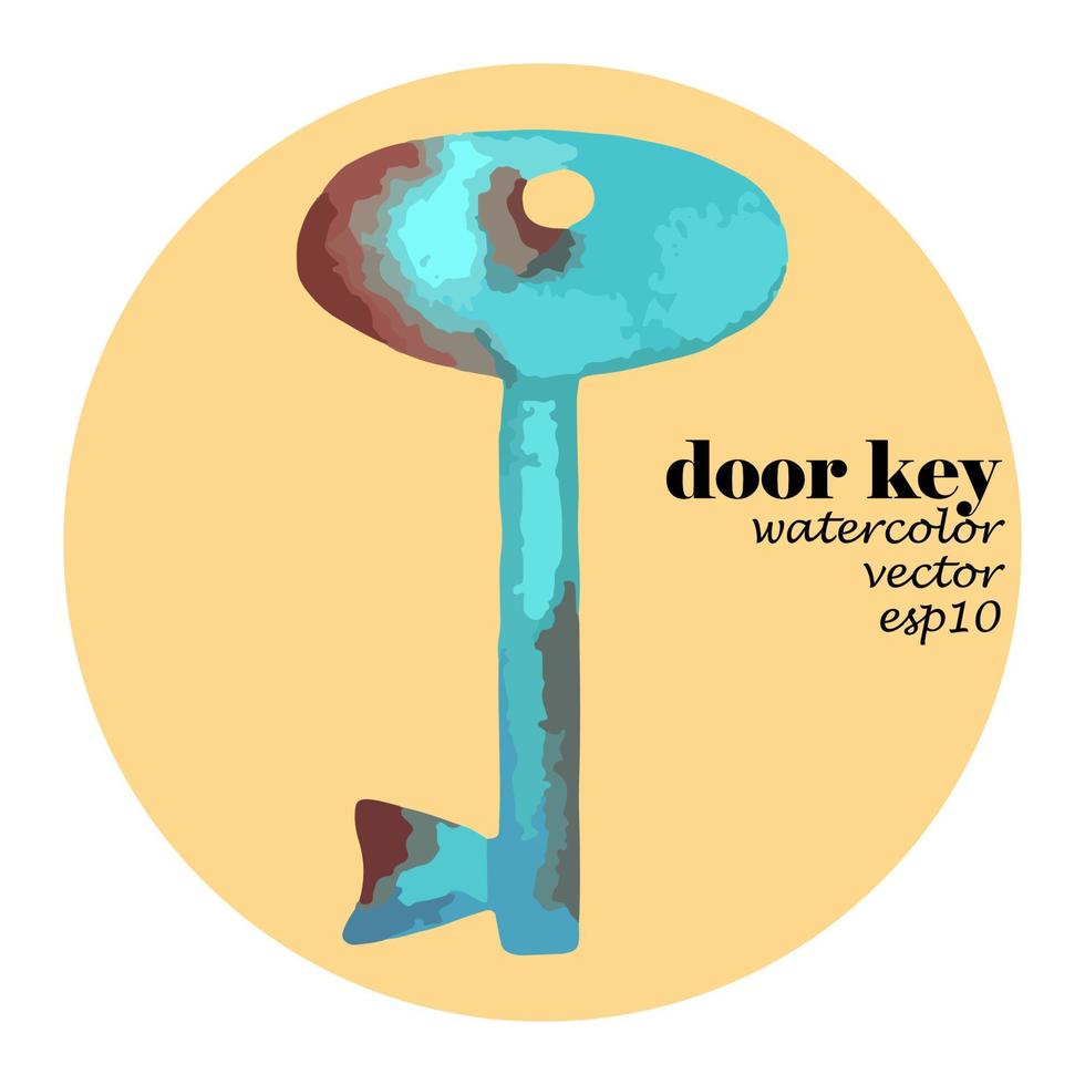 flat old, antique blue door key with traces of rust, painted in watercolor on white background. single element. vector