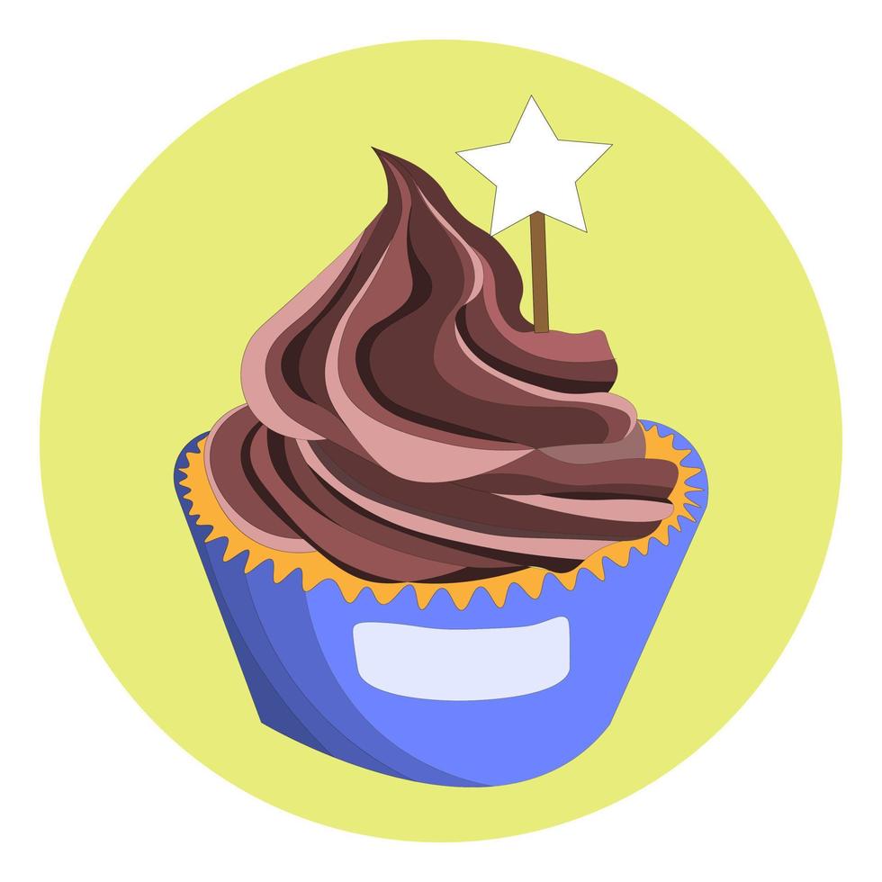 muffin de esponja en paquete azul, decorado con crema batida de chocolate y placa en forma de estrella vector