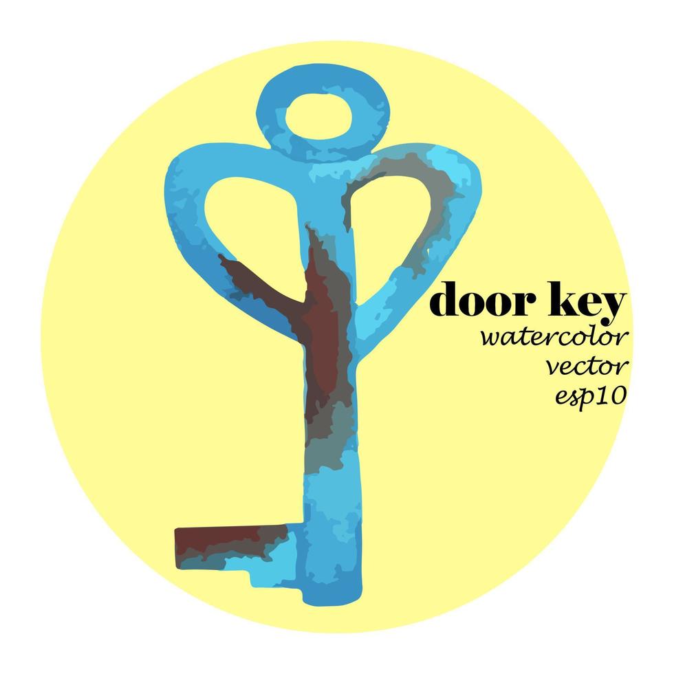 antigua llave de puerta azul vintage con rastros de óxido, pintada en acuarela sobre fondo blanco. vector