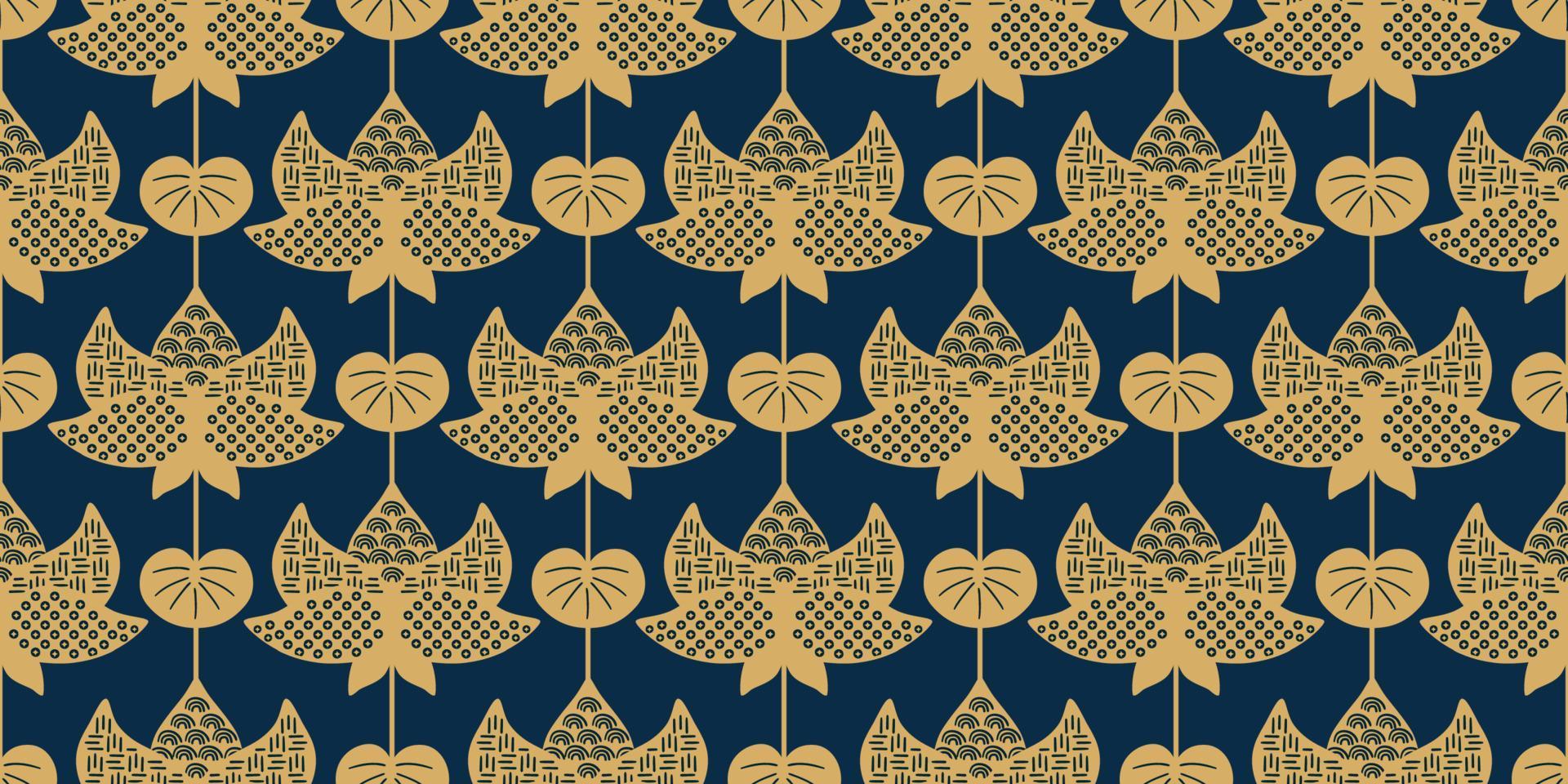 Japanese lotus seamless pattern. Golden asian lotus flower on dark blue background. Gold chinese lotus floral repeated textile design. Hand drawn korean flower traditional motif. Vector illustration