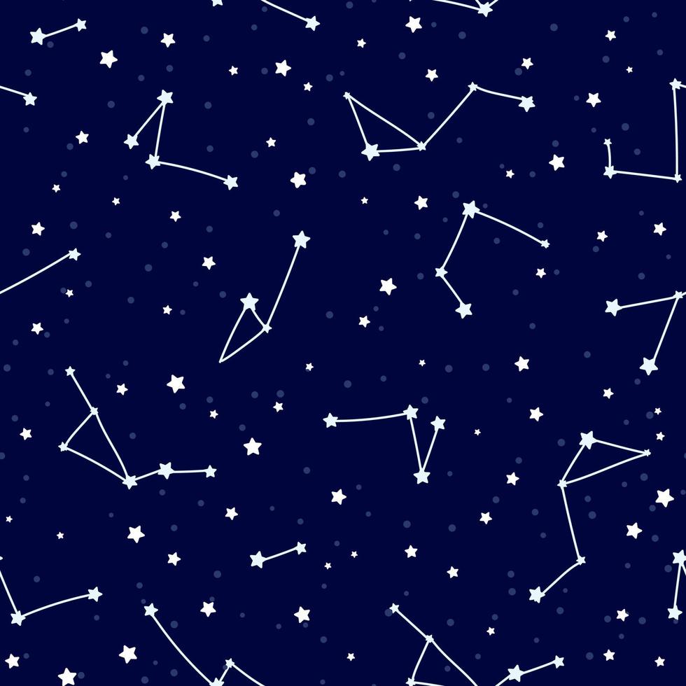 patrón impecable con constelaciones y estrellas sobre fondo oscuro, adorno temático de galaxias para envolver papel o textil vector