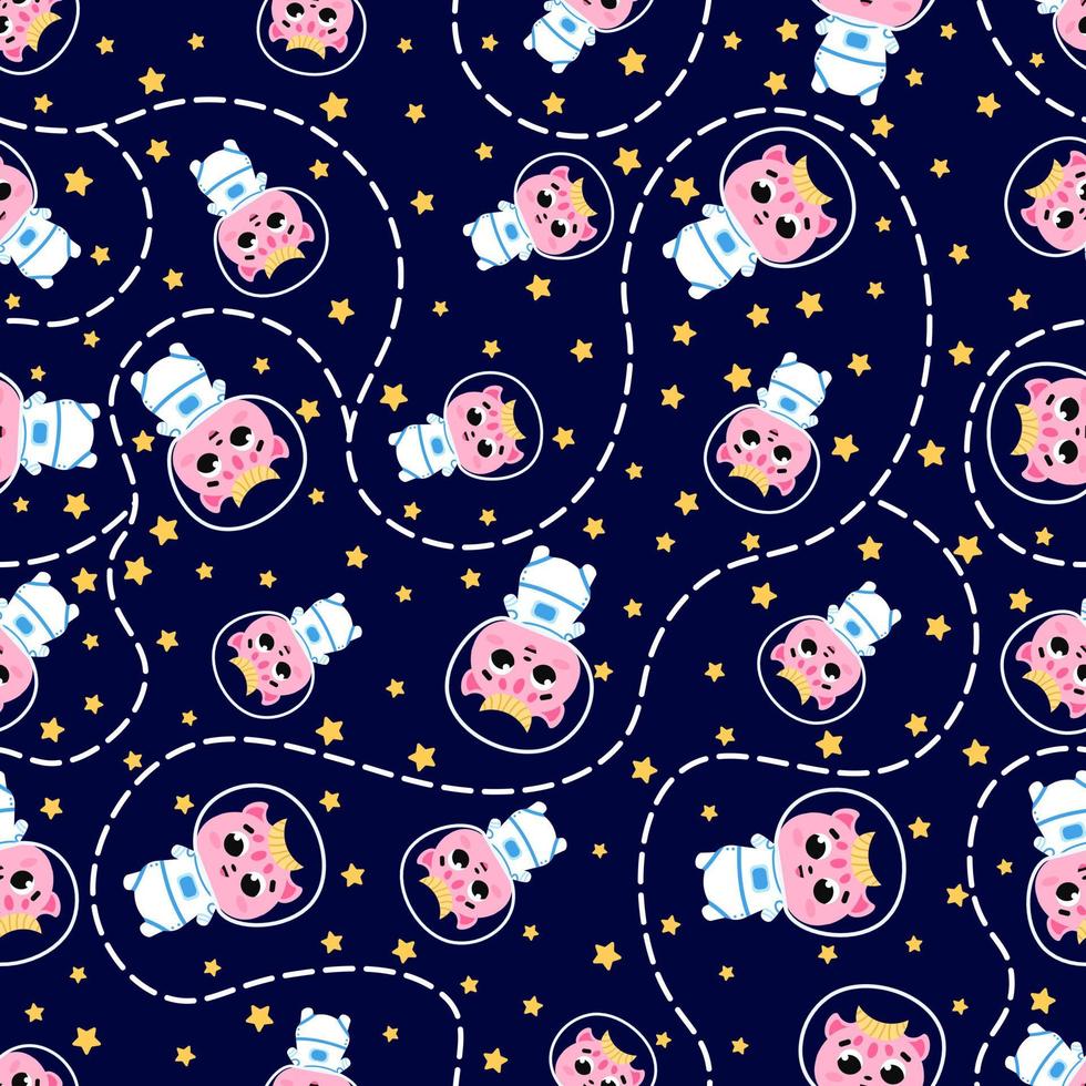 adorable astronauta rosa volando por el espacio, patrón impecable en el fondo oscuro con estrellas, adorno infantil para textiles o estampados, criaturas alienígenas, monstruos esponjosos al estilo de las caricaturas vector